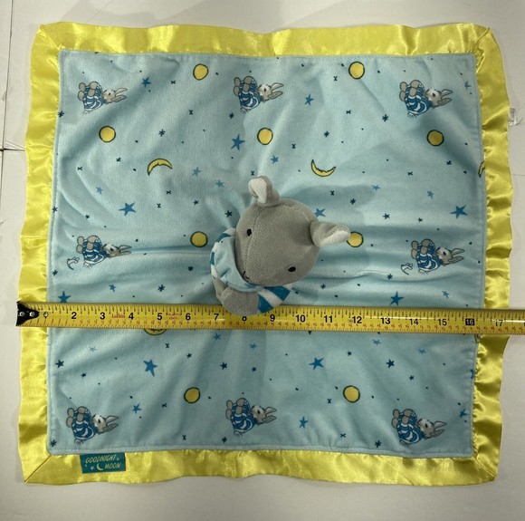 Goodnight Moon Bunny Rabbit Lovey Security Toy Plush Blanket Blue Yellow Satin - Picture 2 of 12